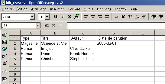Fichier CSV créé par XLST et ouvert dans OpenOffice